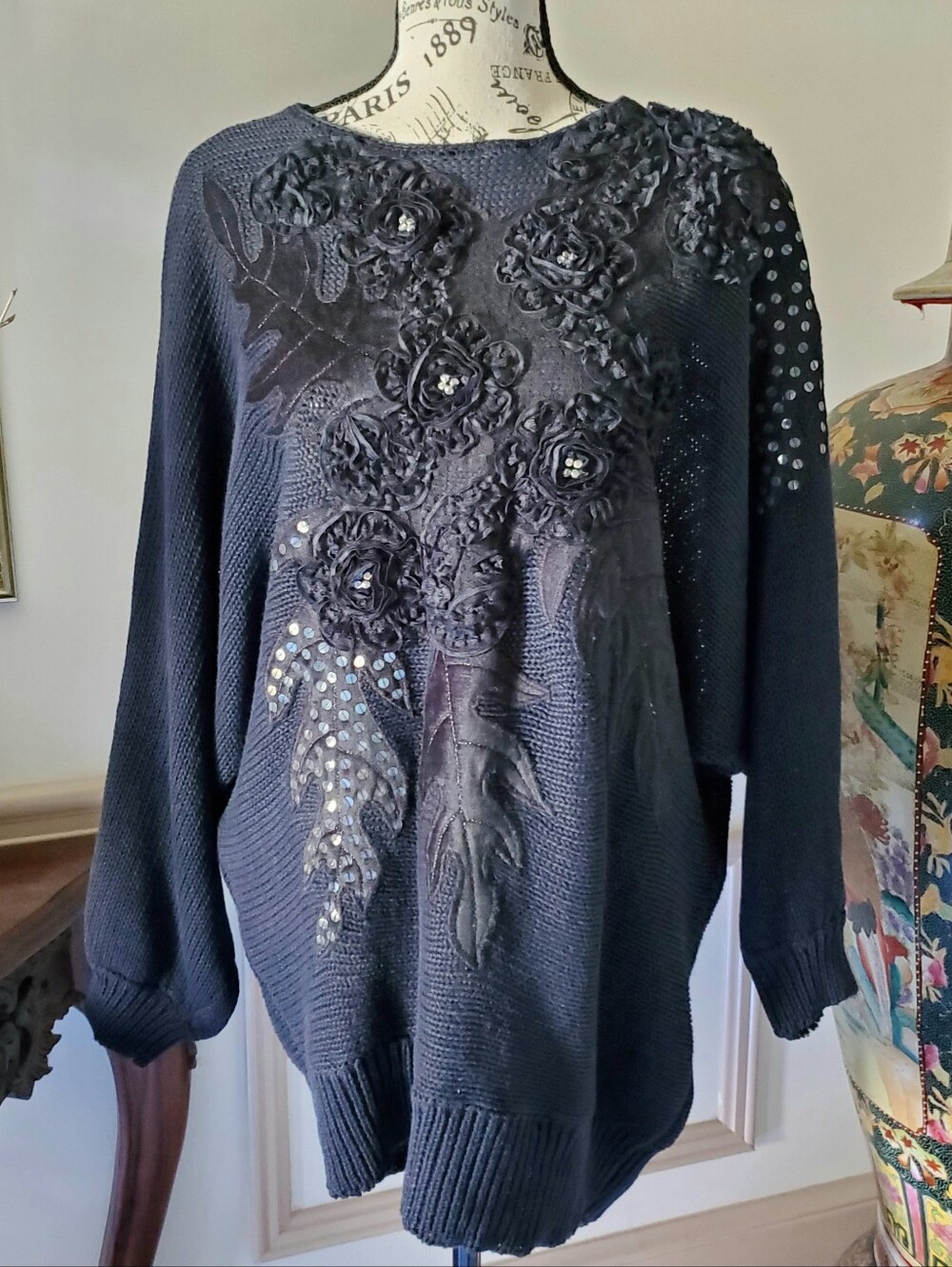 Vintage Bonnie Boerer Black Rose Floral Embellished Statement Sweater Goth Chic